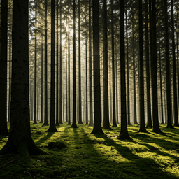 Sunlight filtering through trees in a forest