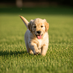 A playful golden retriever puppy running on grass